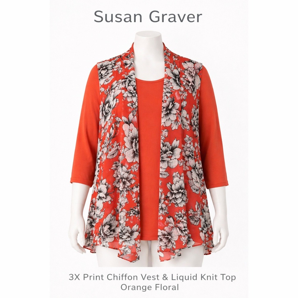 Susan Graver Womens 3X Orange Floral Chiffon Vest Liquid Knit 3/4 Sleeve Top Set